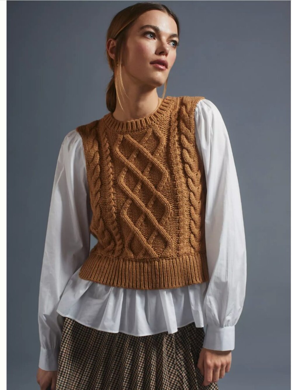 Anthropologie Sweater Vest & Blouse Layered Top Tan White Academia Women's Small